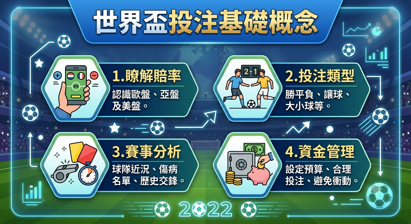 這是一張以「世界盃投注基礎概念」為主題的資訊圖表，背景為足球場。 圖中將投注重點劃分為賠率了解、類型說明、賽事分析及資金管理四個板塊。