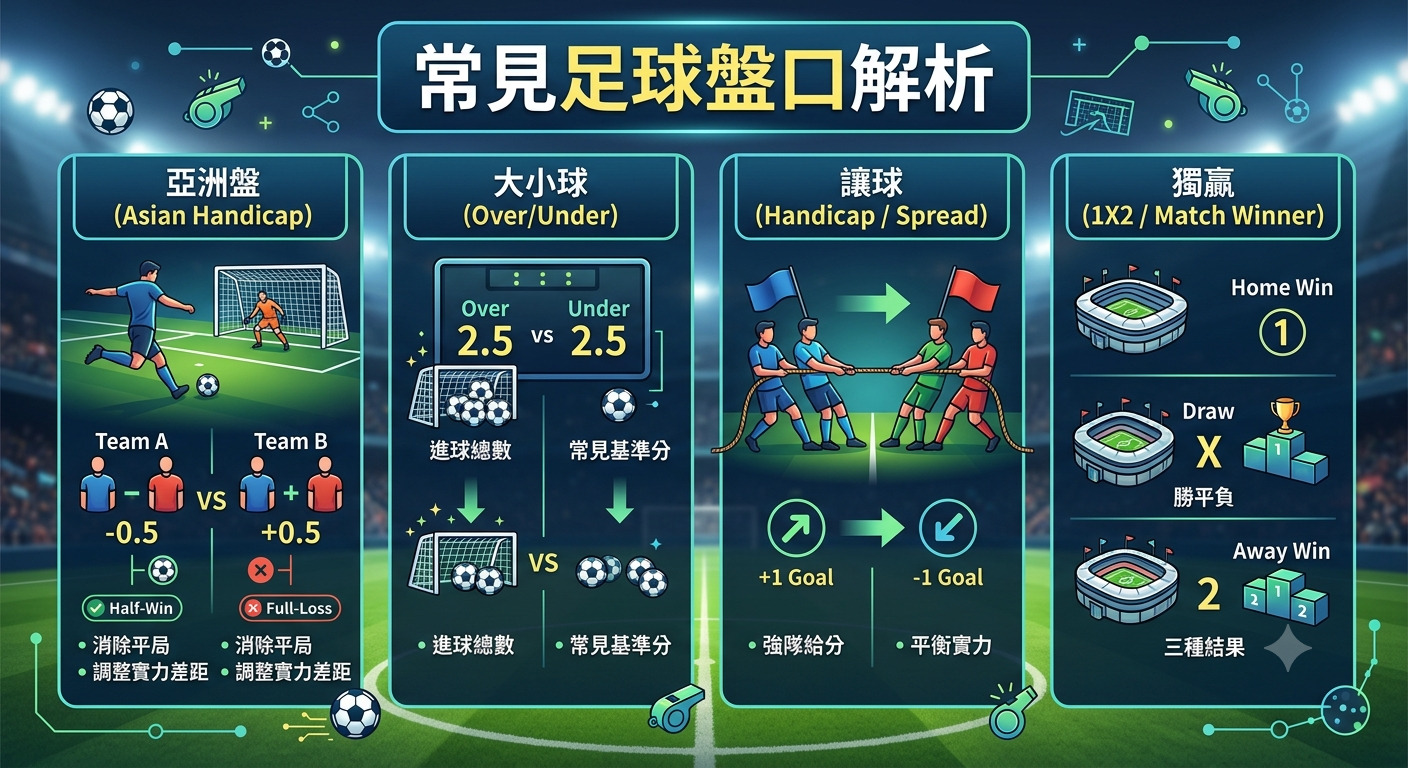 這是一張足球盤口分析的教學圖表，以清晰的視覺方式呈現了亞洲盤、大小球、讓球及獨贏等常見投注類型的核心概念。 透過簡潔的圖示與對比排版，幫助觀眾快速理解各種盤口的運作邏輯及其代表的比賽預測意義。