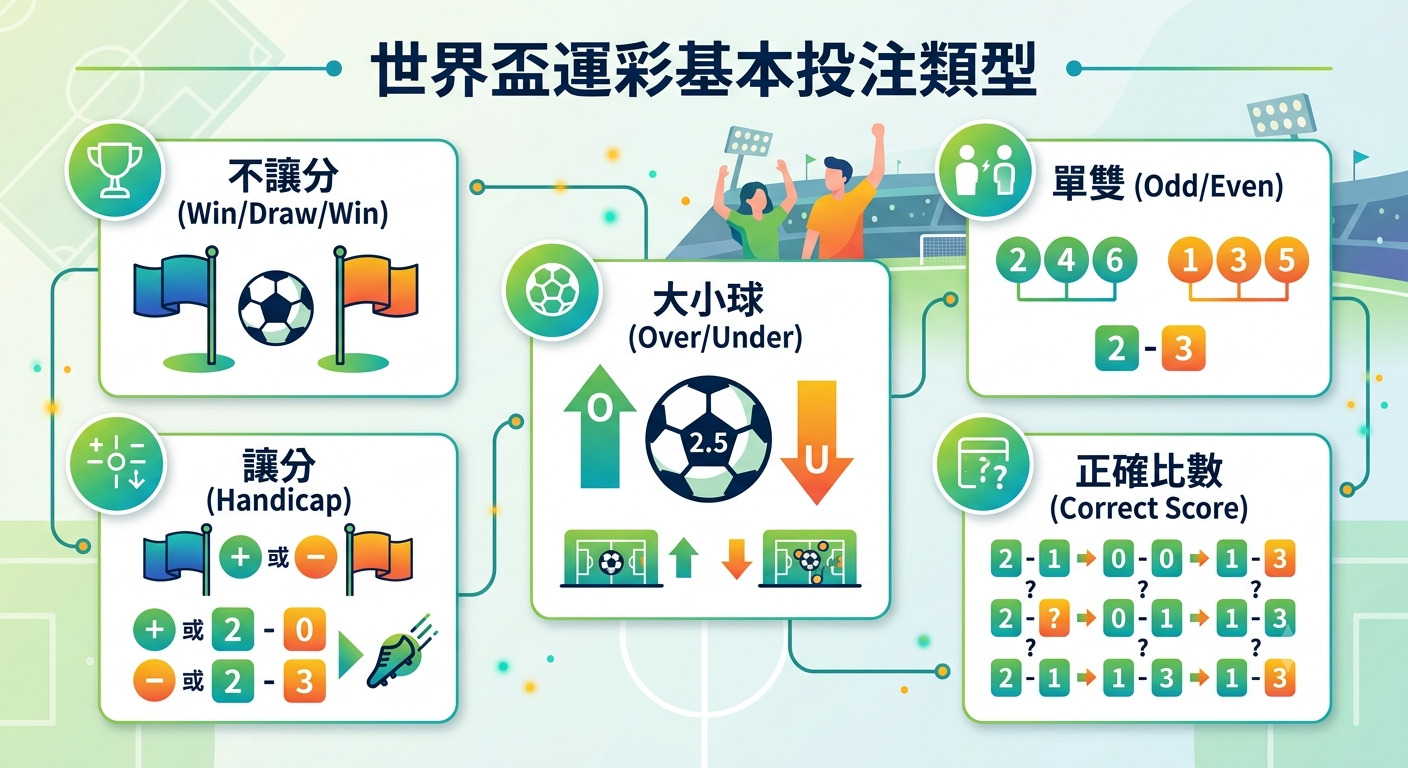 這張圖表清晰地介紹了世界盃運彩的五種基本投注類型，包含不讓分、讓分、大小球、單雙以及正確比數。 整體設計以現代化圖示呈現，幫助投注者快速理解各類賽事玩法的核心規則。
