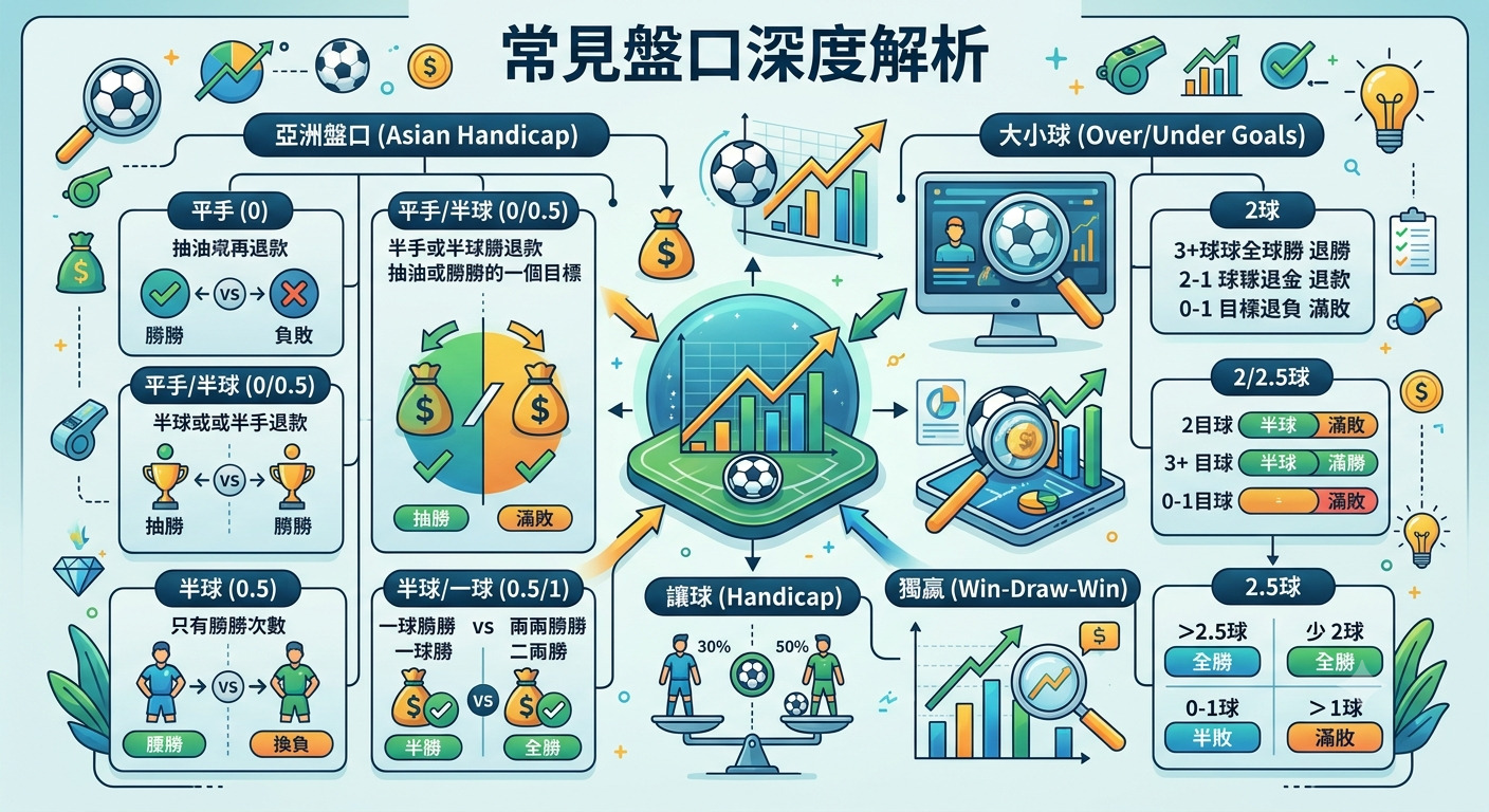 這是一張詳細解析足球常見盤口（如亞洲盤與大小球）的資訊圖表，透過圖示與數據幫助理解輸贏規則。 圖中以清晰的流程與對比方式，展示了不同讓球深度與球數門檻下的賽果處理機制，協助使用者快速判斷。