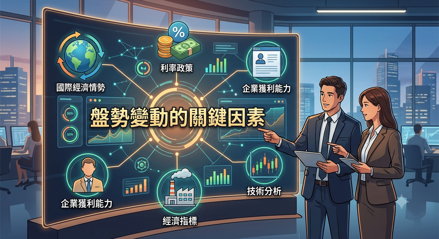 這是一幅專業的財經分析場景，兩位專業人士正在數位螢幕前討論市場動態。 螢幕中央醒目地標示著「盤勢變動的關鍵因素」，周圍圍繞著象徵全球經濟、利率政策與技術分析的數據圖示。