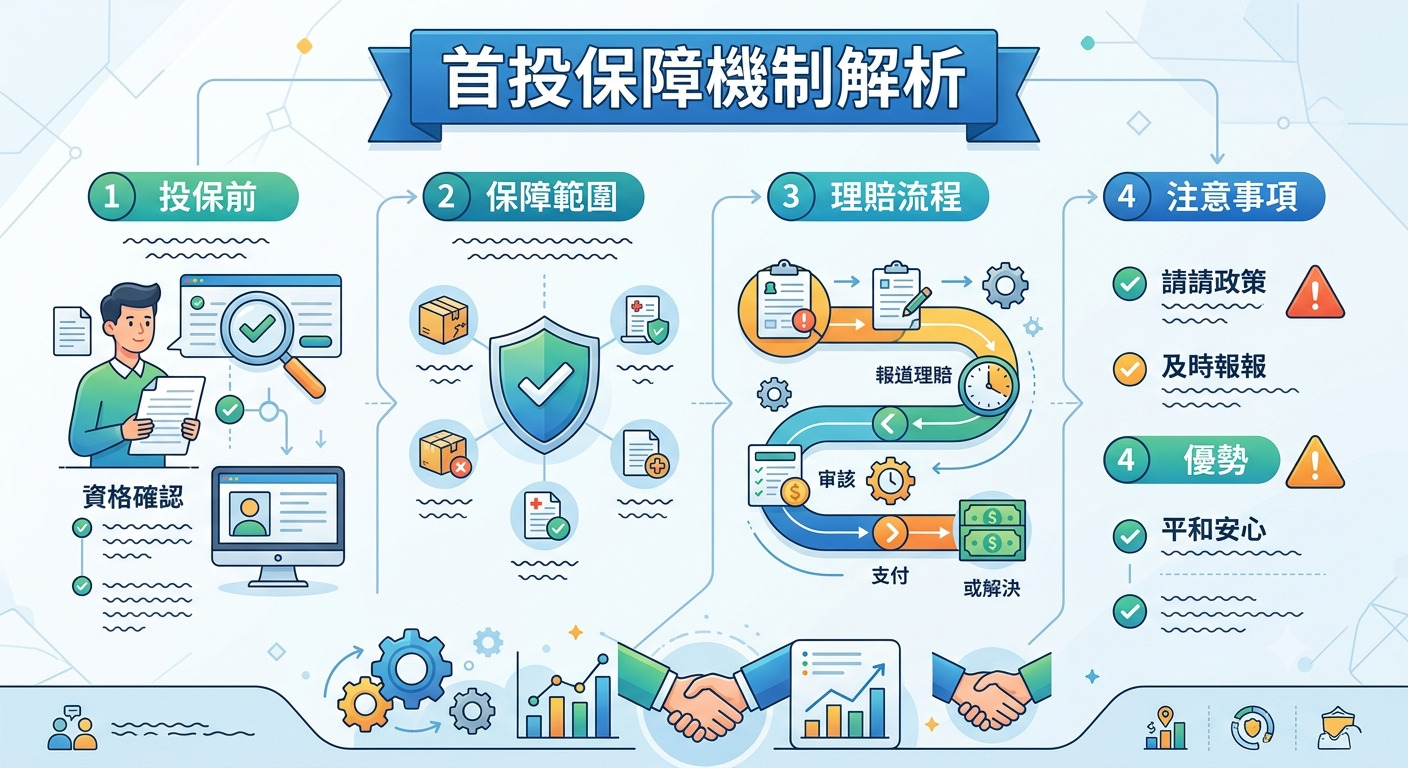 這張資訊圖表以「首投保障機制解析」為標題,透過流程圖與圖示清晰呈現該機制的四大階段:資格確認、保障範圍、理賠流程及注意事項。 整體設計採用簡約專業的風格,協助使用者快速理解保障機制的運作方式與關鍵要點。