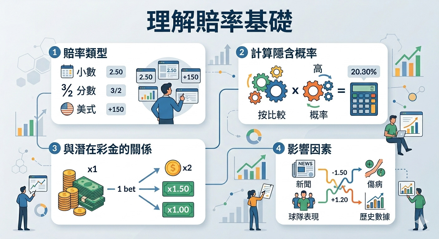 這張圖表說明了理解賠率的基礎知識,包括賠率類型、隱含機率計算、潛在獎金關係及影響因素。 圖像設計簡潔明瞭,將複雜的博弈概念結構化為四個核心要點,便於學習者快速掌握賠率運作的核心邏輯。