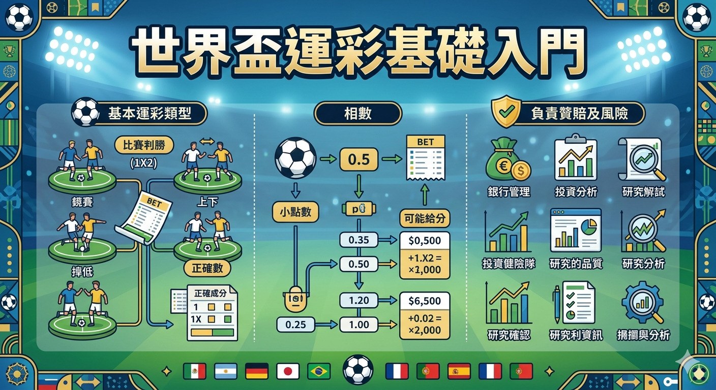 這張圖片以「世界盃運彩基礎入門」為標題，展示了足球博彩的基本概念與風險管理流程。 圖中運用圖表與圖示，系統性地說明了博彩類型、賠率計算方式及負責任博彩的重要性。