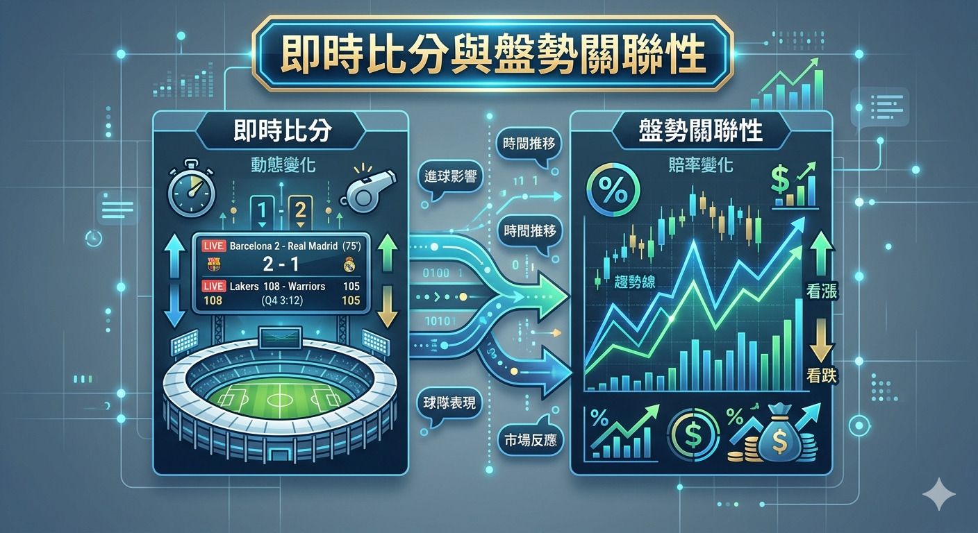 這張圖片視覺化了「即時比分與盤勢關聯性」,透過左右對照展示比賽數據如何即時影響博弈市場的賠率波動。 圖像採用科技感的藍色調設計,結合體育場、比分看板與金融走勢圖,清晰呈現兩者間的動態關聯。