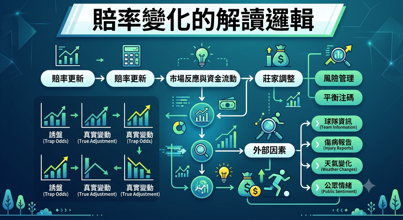 這張圖片以「賠率變化的解讀邏輯」為主題,運用圖表與流程展示了賠率更新、市場資金流動及莊家調整的運作機制。 圖像詳細呈現了誘盤與真實變動的數據分析,並將外部因素如球隊資訊、傷病報告與天氣變化納入賠率判讀的考量範圍。