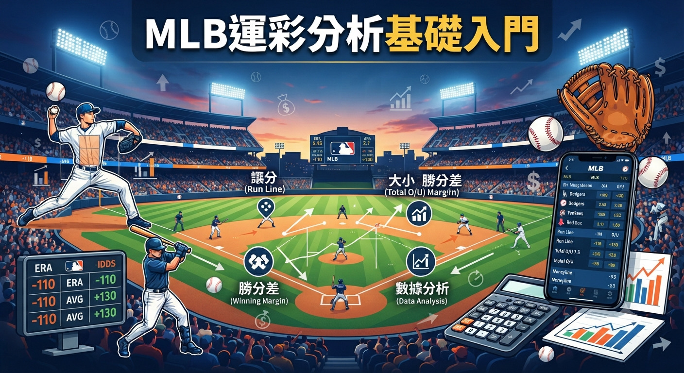 本圖為MLB運彩分析基礎入門的主题封面,以棒球場景結合數據圖表、賠率介面與計算工具。 畫面頂部醒目顯示繁體中文標題「MLB運彩分析基礎入門」,展現專業且易懂的分析導引風格。