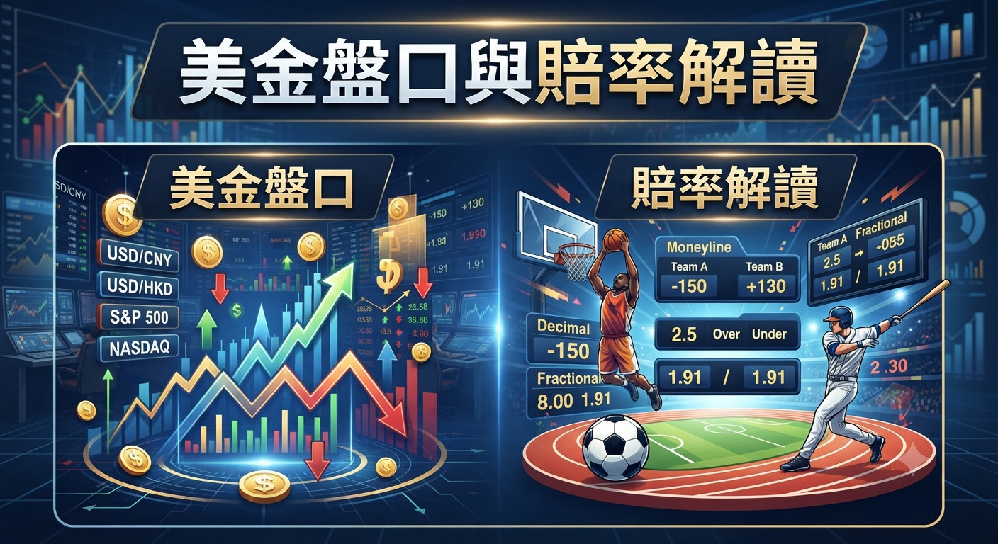 這是一張以「美金盤口與賠率解讀」為主題的資訊圖表,結合了金融數據與運動賽事博彩分析的視覺元素。 畫面左右兩側分別象徵金融市場的走勢圖分析以及多種球類運動的賠率計算與盤口解讀。