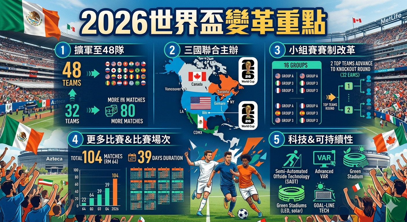 這張資訊圖表以「2026世界盃變革重點」為標題，詳細呈現了擴軍至48隊、三國聯合主辦、賽制更新及科技應用的各項變革重點。 透過數據圖表與圖示，清晰展示了比賽總場次增至104場及永續發展等賽事規劃。